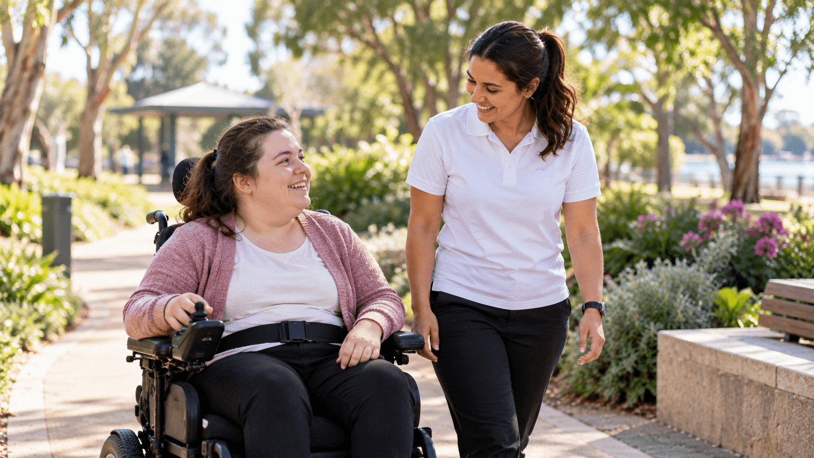 Alt text: adult participant with a disability enjoying a community outing with a friendly female support worker